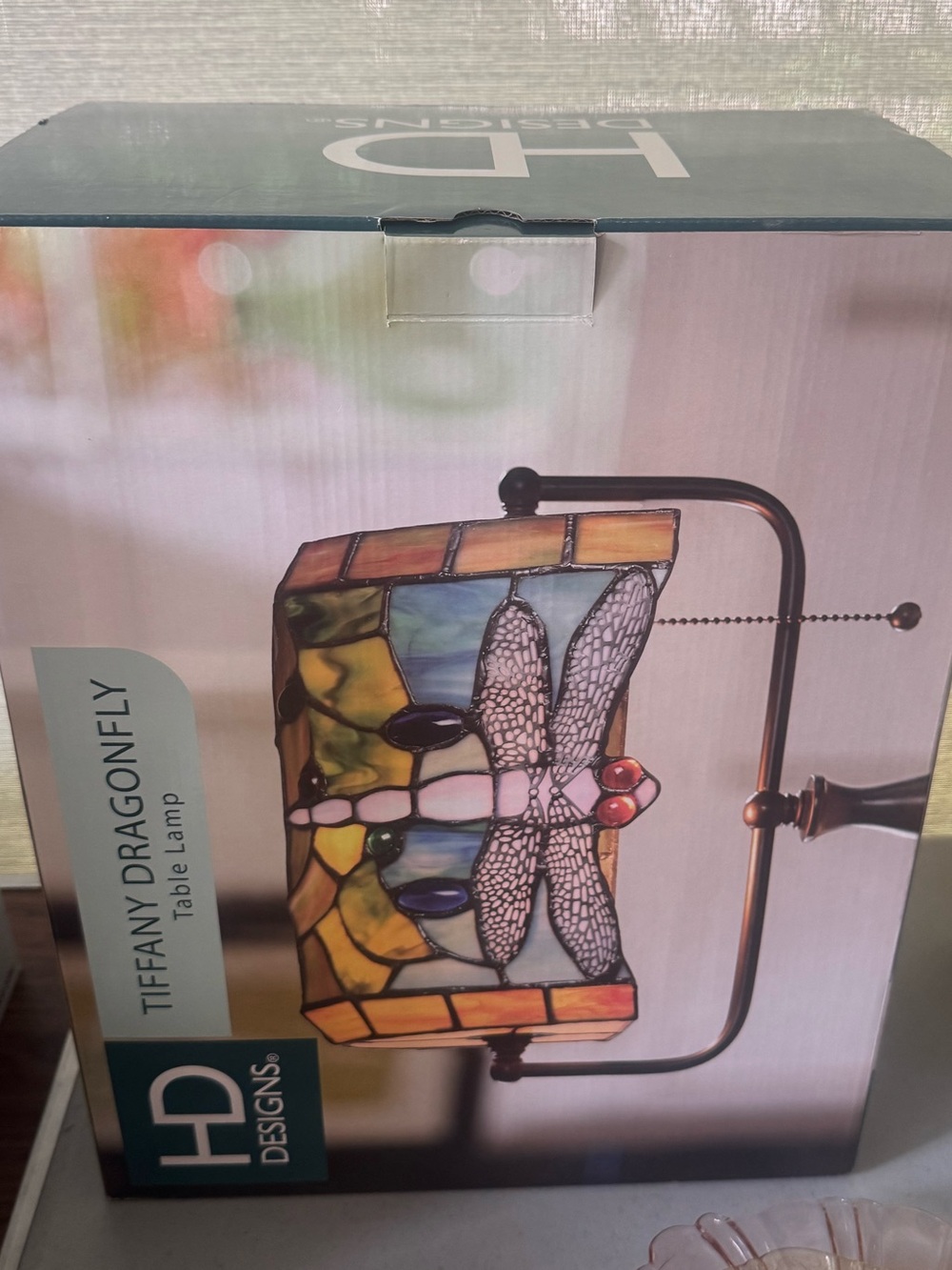 NEW IN BOX vintage Tiffany Dragonfly Stained Glass Table Lamp - Multicolor